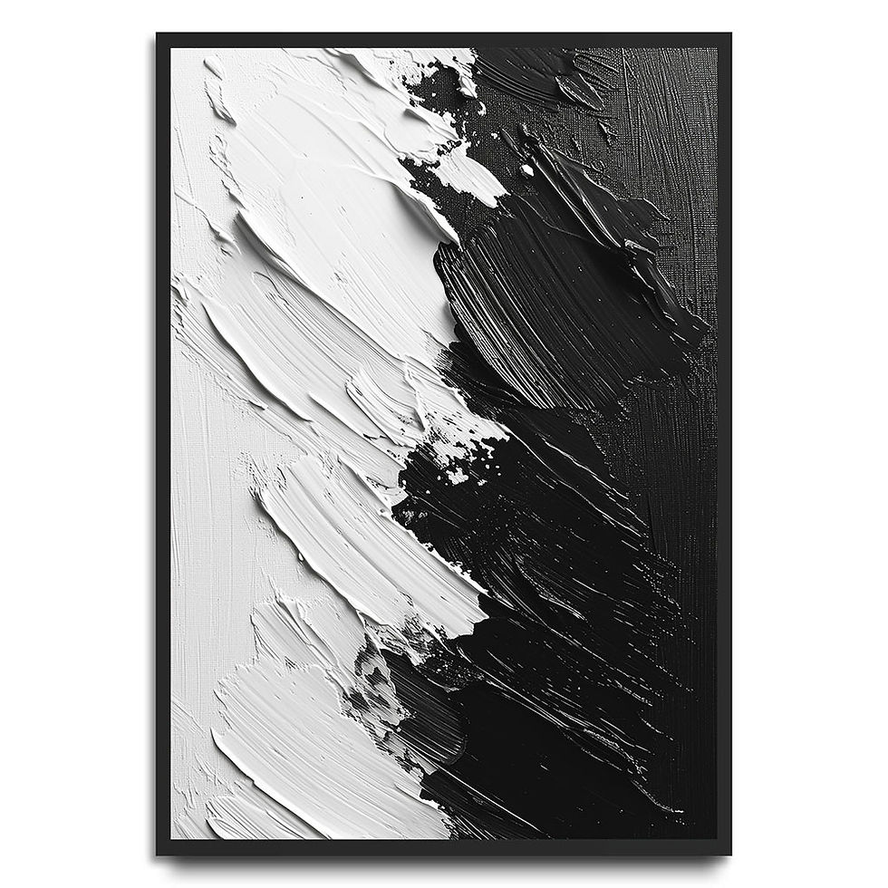 Textured black and white abstract painting with bold palette knife strokes