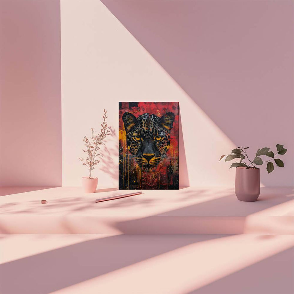 Striking artwork of a leopard’s face emerging from a fiery red and orange background with bold details and glowing eyes.