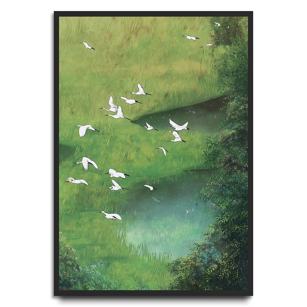 Serene art print of white birds flying over lush green fields and woodland with soft natural tones.