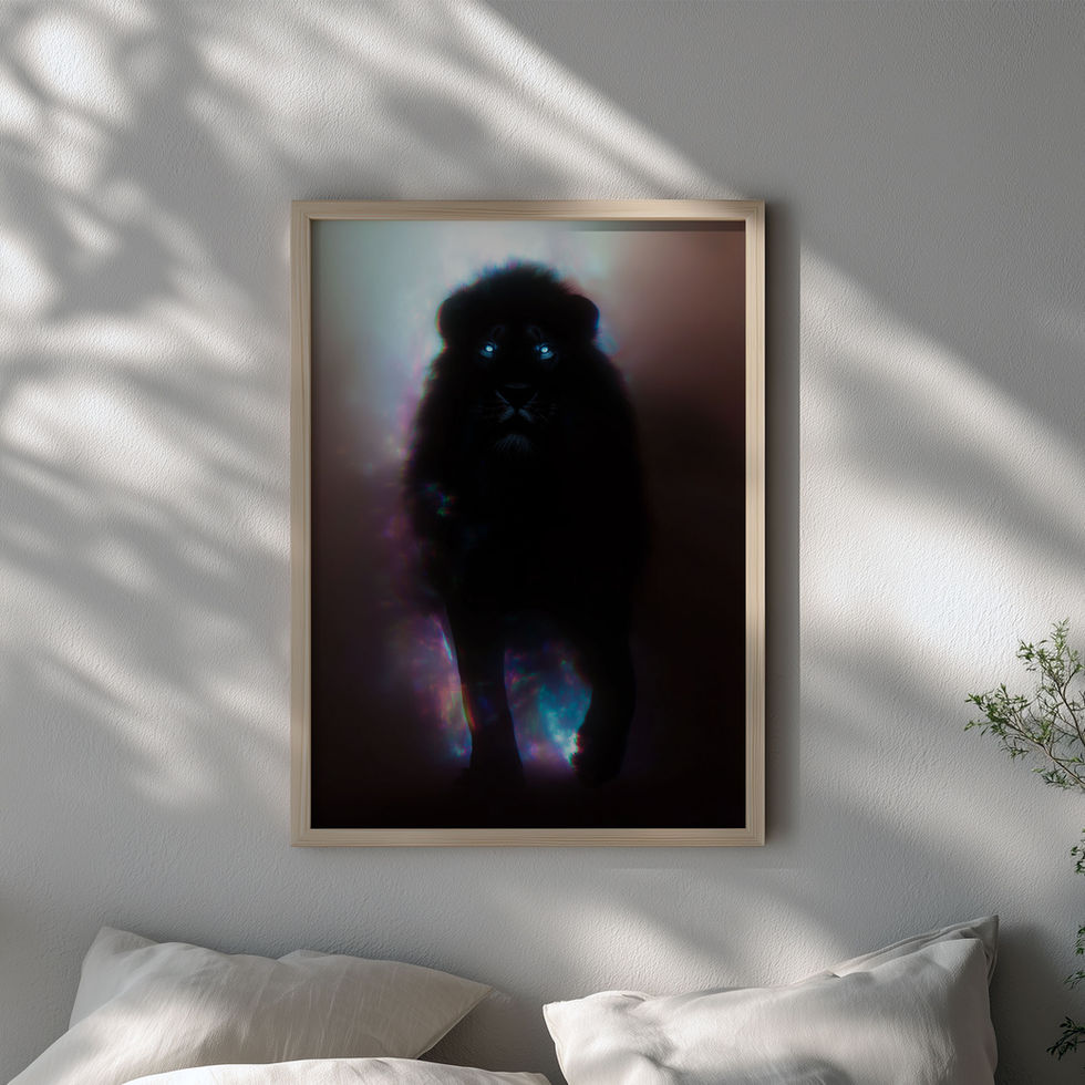 Dark lion art print with glowing eyes and cinematic style. Perfect animal wall art for modern interiors, gaming rooms and sta