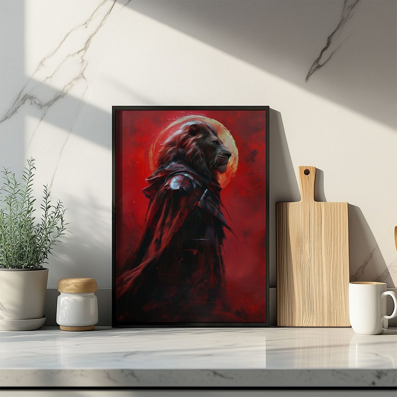 Armored lion standing proudly in a red cloak with a glowing red moon behind, fantasy warrior artwork