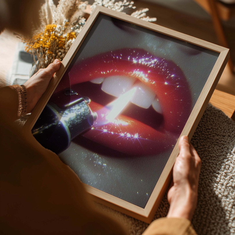 Close-up art print of glossy pink lips with a lighter flame reflecting on the surface.