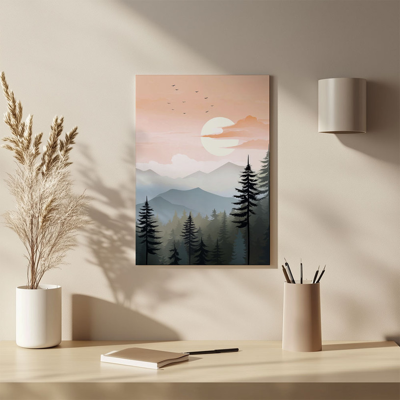Forest and mountain silhouette under soft pastel sunset with birds flying.