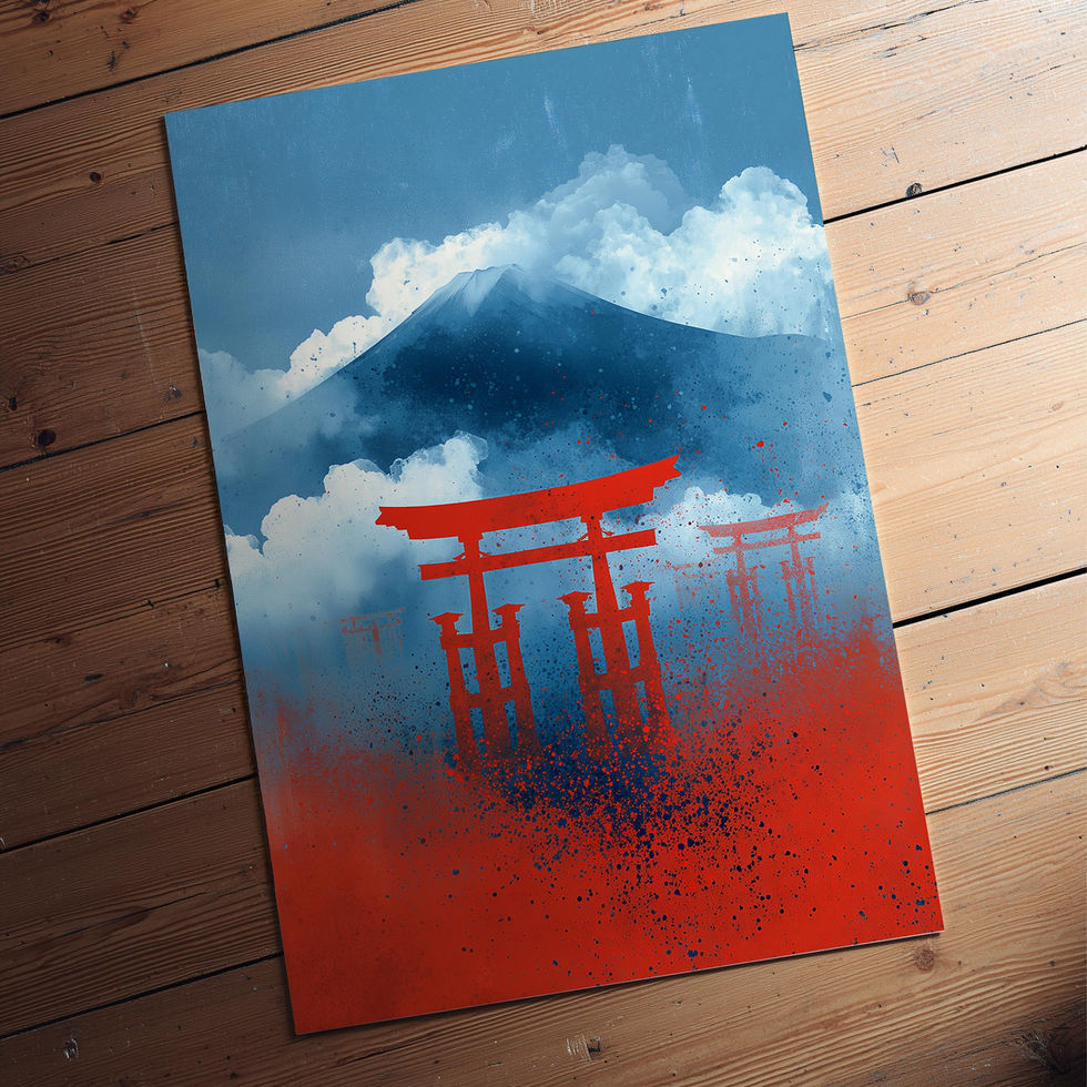 Art print of red Torii gates with Mount Fuji behind the clouds in a Japanese landscape scene.