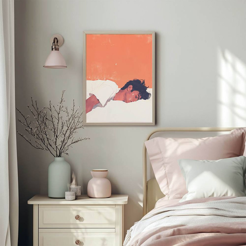 Illustration of a man sleeping on a white pillow with an orange background