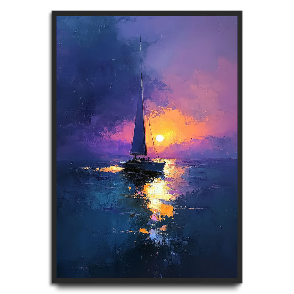 Sailboat on the ocean at sunset with purple skies and golden reflections.