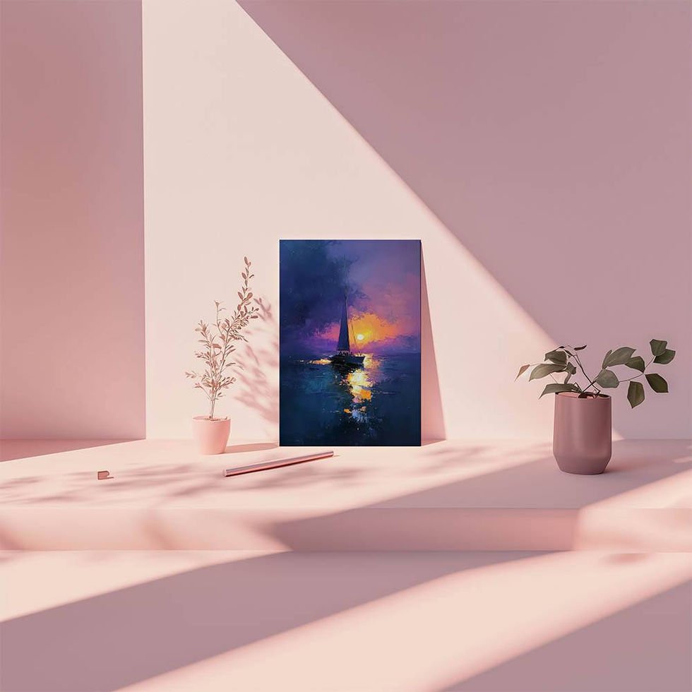 Sailboat on the ocean at sunset with purple skies and golden reflections.