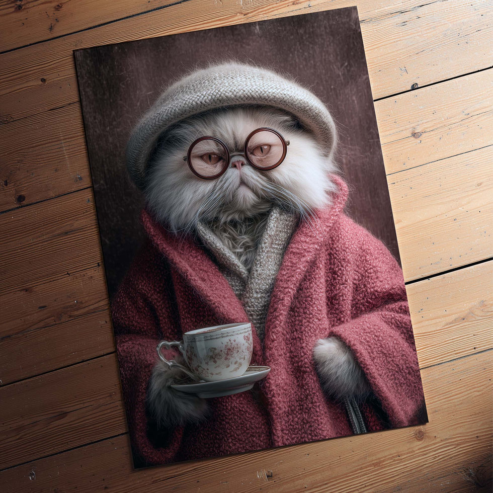 Vintage styled cat wearing elegant clothing, humorous portrait art print