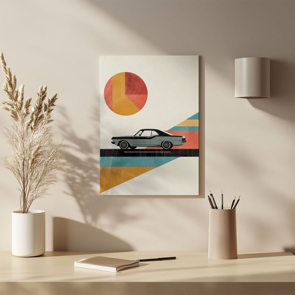 Vintage car with bold geometric shapes in retro orange, red, and teal design.
