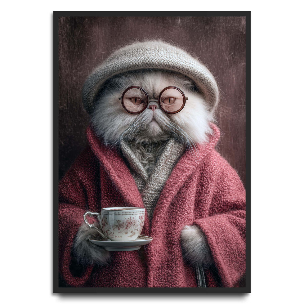 Vintage styled cat wearing elegant clothing, humorous portrait art print