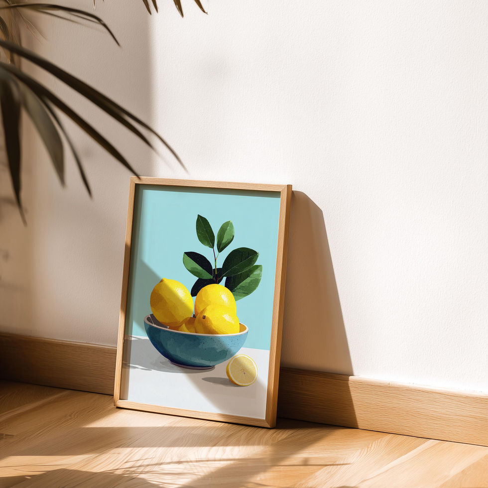Modern still life art print of bright yellow lemons in a blue bowl.