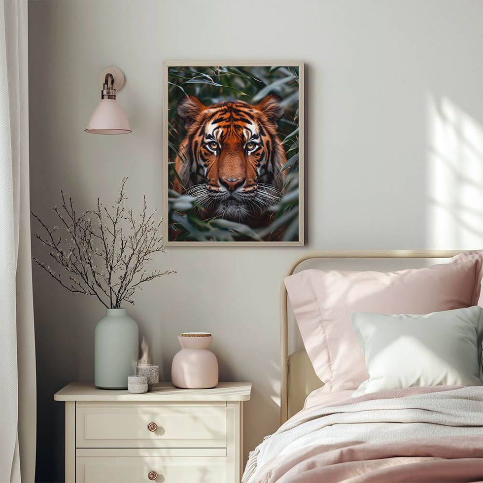 Realistic tiger peeking through jungle leaves