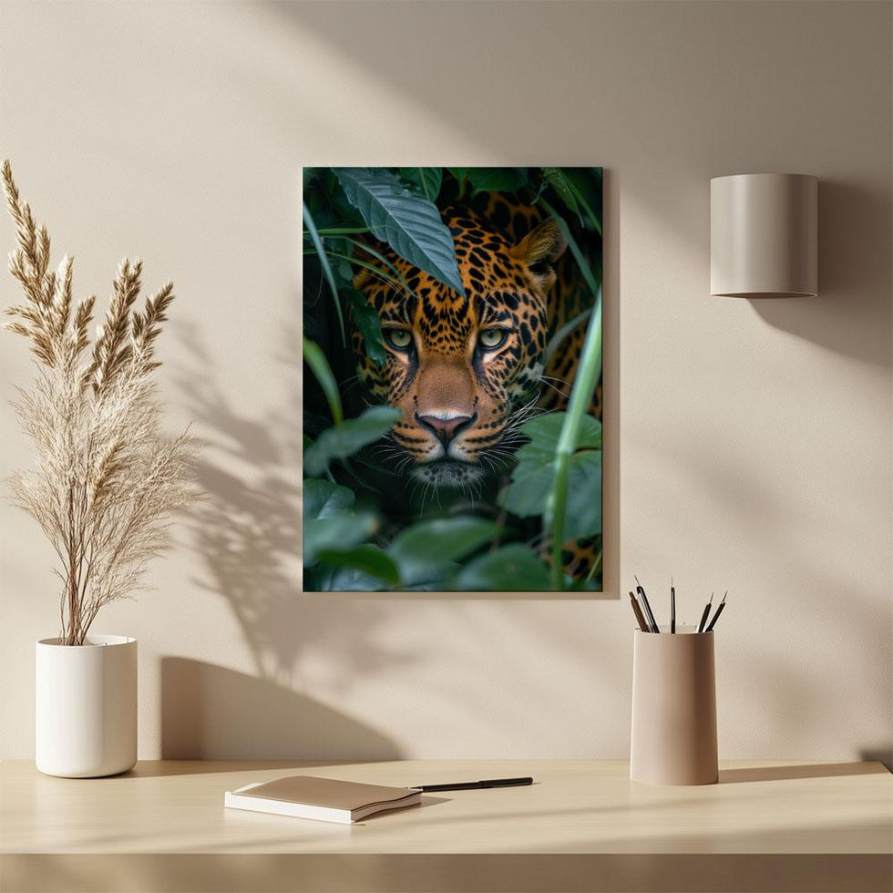 Close-up of a leopard peering through dense green jungle foliage.