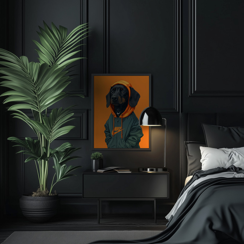 Dachshund wearing an orange hoodie and green Nike jacket on bold orange background, minimalist streetwear art print.