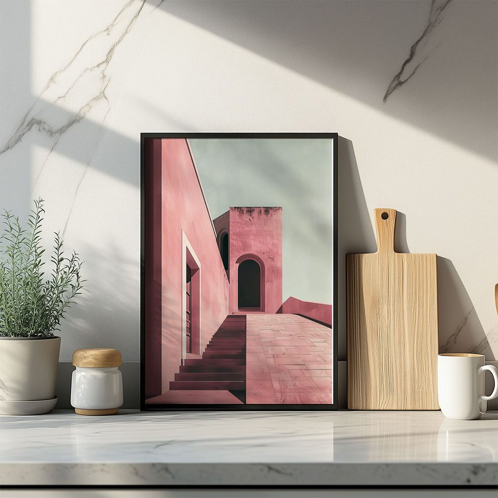 Geometric pink stone architecture with sharp lines, stairs, and arches under a pale sky – minimalist modern art print.