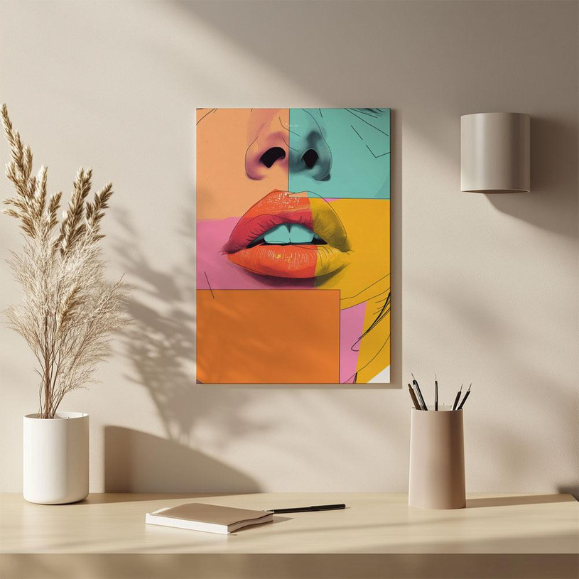 Colour block close-up of woman’s lips and nose in pop-art style.