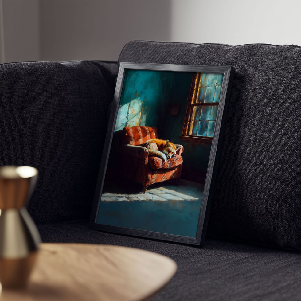 white tiger resting on orange armchair with sunlight shadows vintage style wall art print