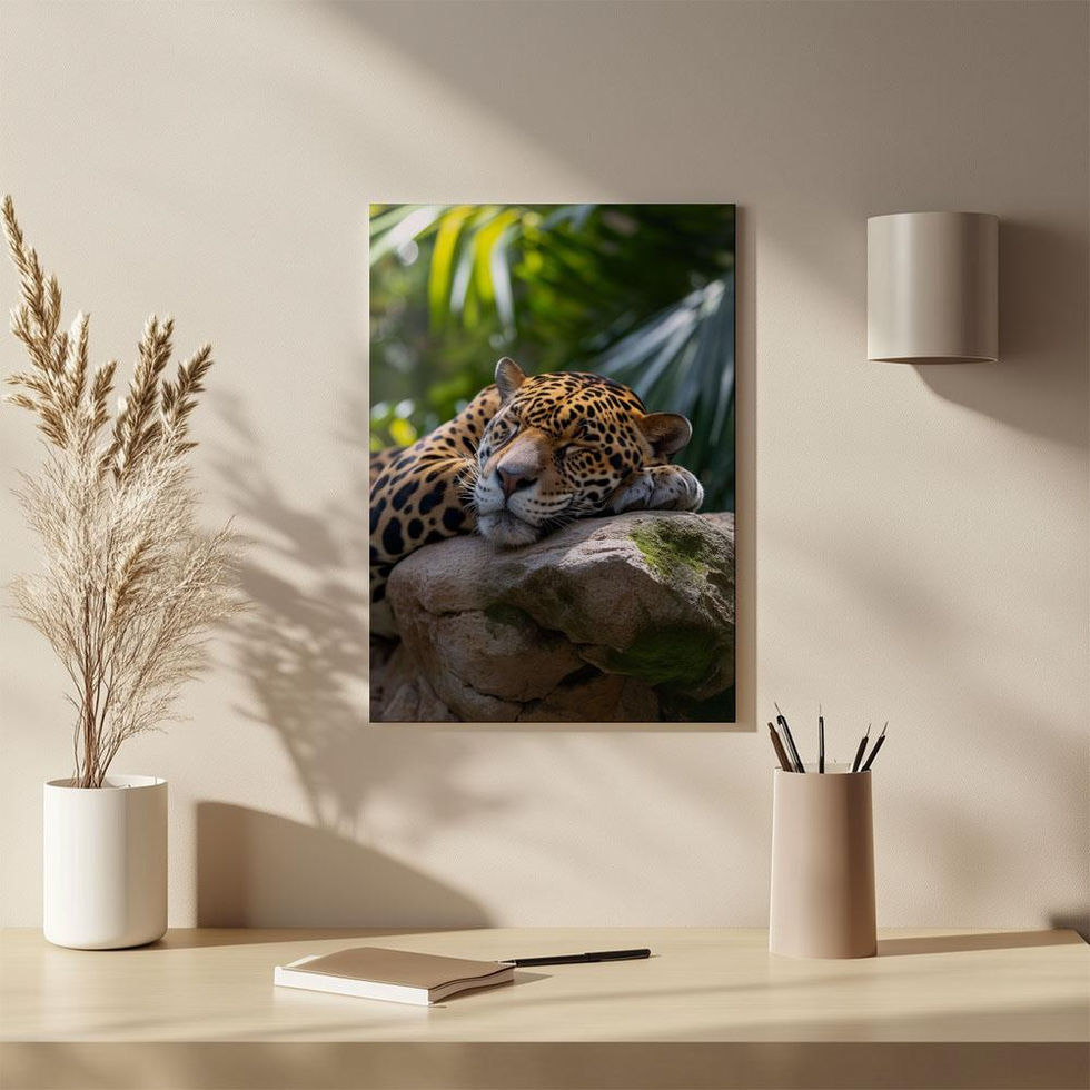 A leopard peacefully sleeping on a large rock surrounded by tropical greenery.