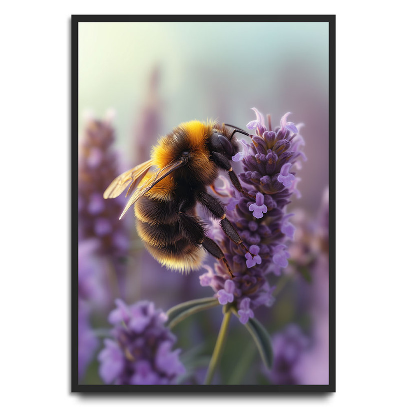 Fuzzy bee perched on a blooming lavender flower with a soft-focus purple background – detailed and serene botanical art print