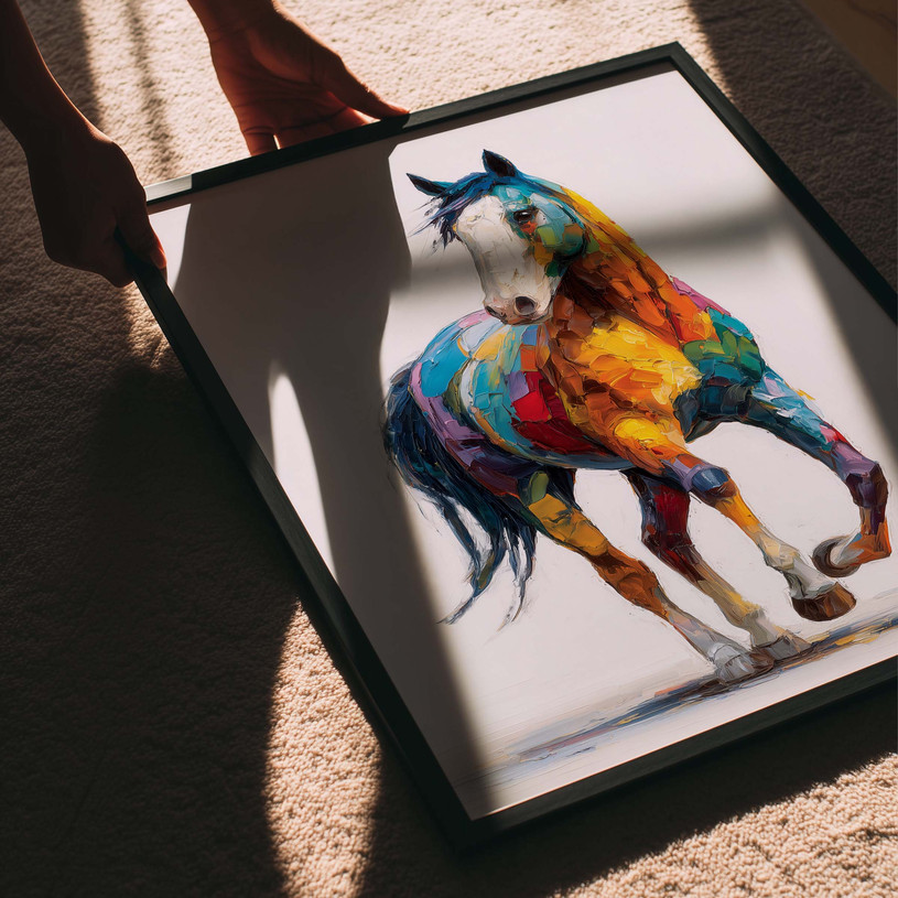 Colourful art print of a horse in motion with expressive brush strokes.
