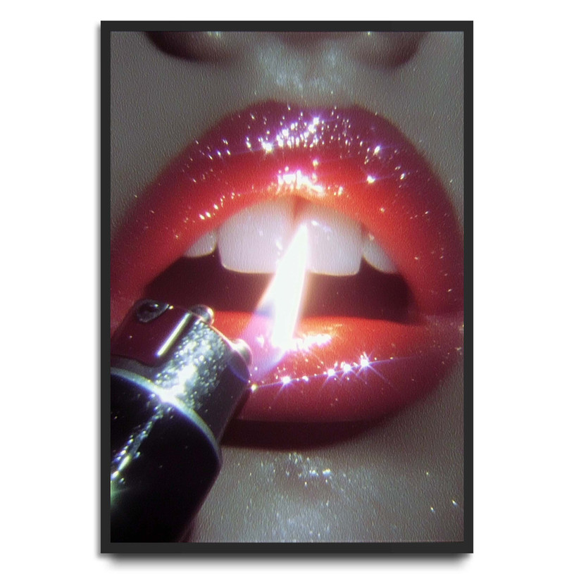 Close-up art print of glossy pink lips with a lighter flame reflecting on the surface.