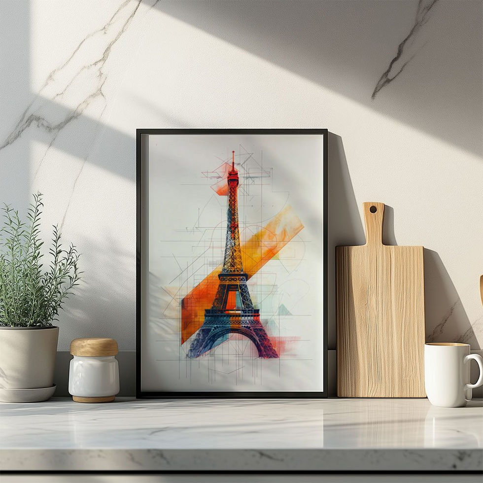 Colourful geometric Eiffel Tower print with abstract shapes