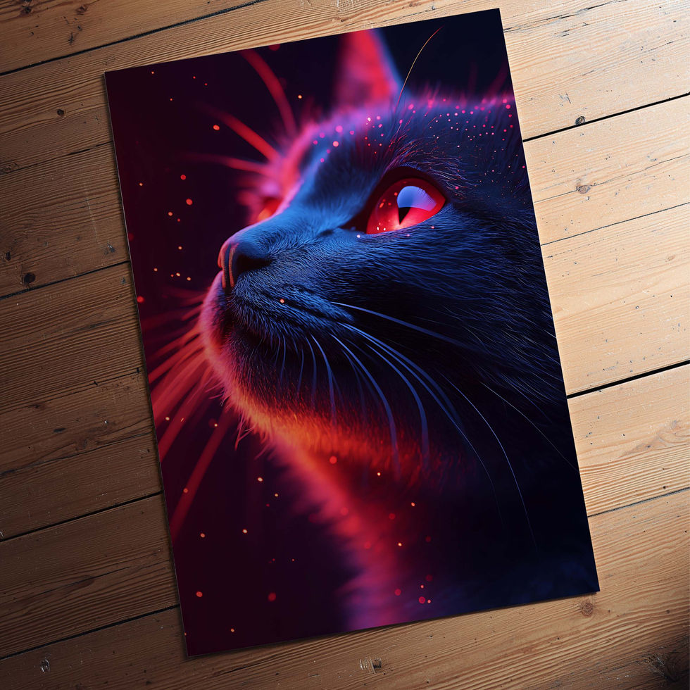 Neon blue and red cat portrait with glowing lighting, cyberpunk style art print