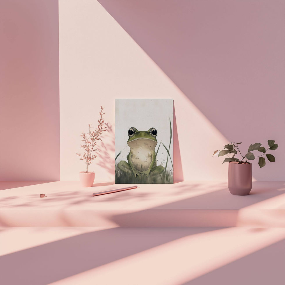 Watercolour-style illustration of a green frog sitting upright among soft grass on a neutral background.