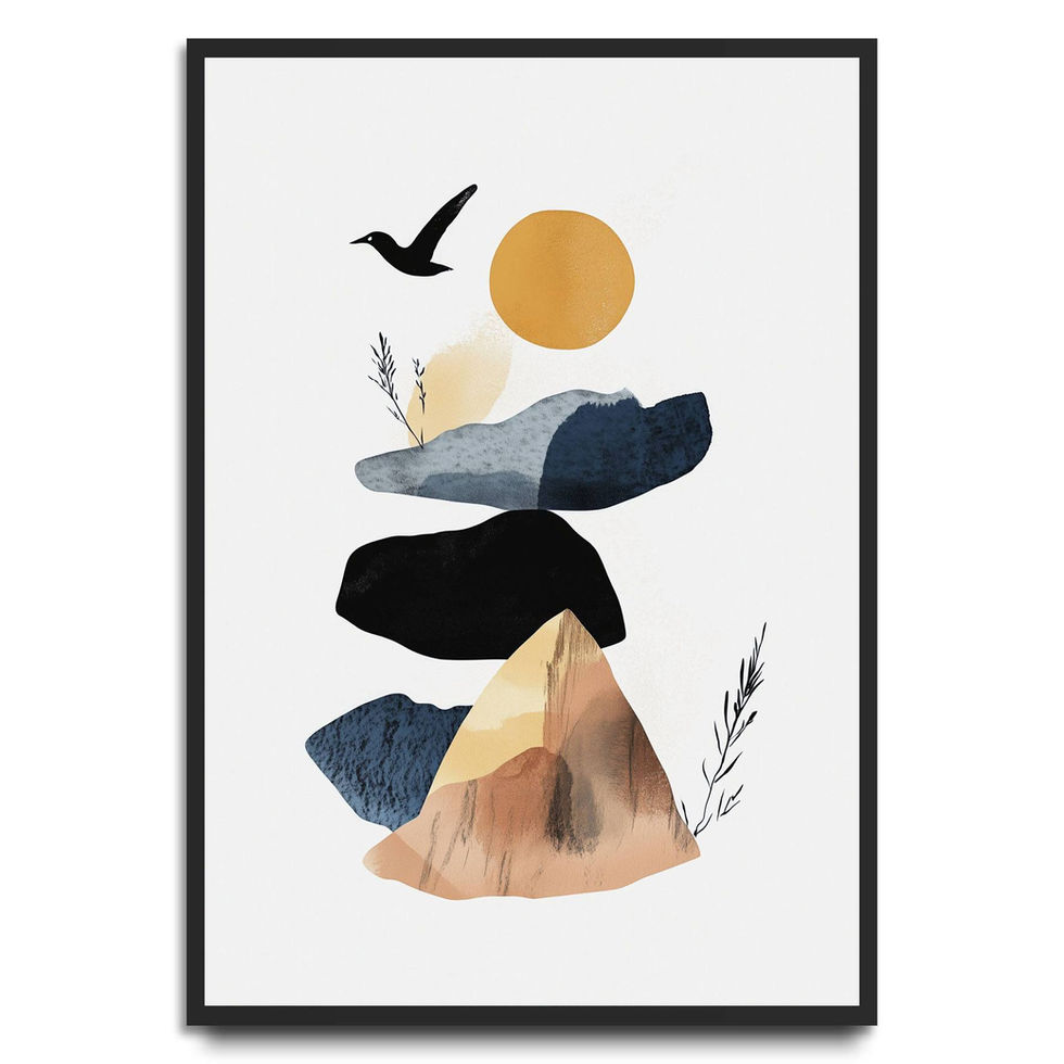 Minimalist abstract print with stacked mountain shapes, a sun, and a flying bird.