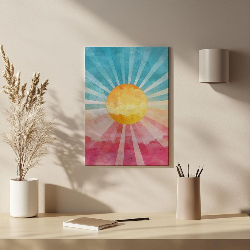Vibrant sunrise wall art with radiant beams in a pastel palette — uplifting and energising decor.