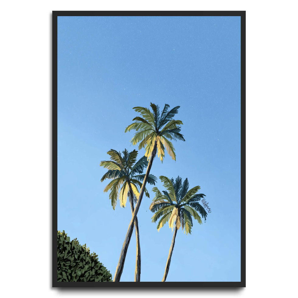Tall palm trees against a clear blue sky, minimalist tropical art print