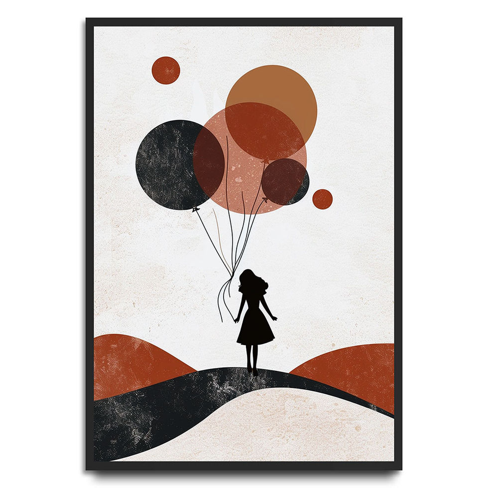 Silhouette of a girl holding large abstract balloons against a neutral background.