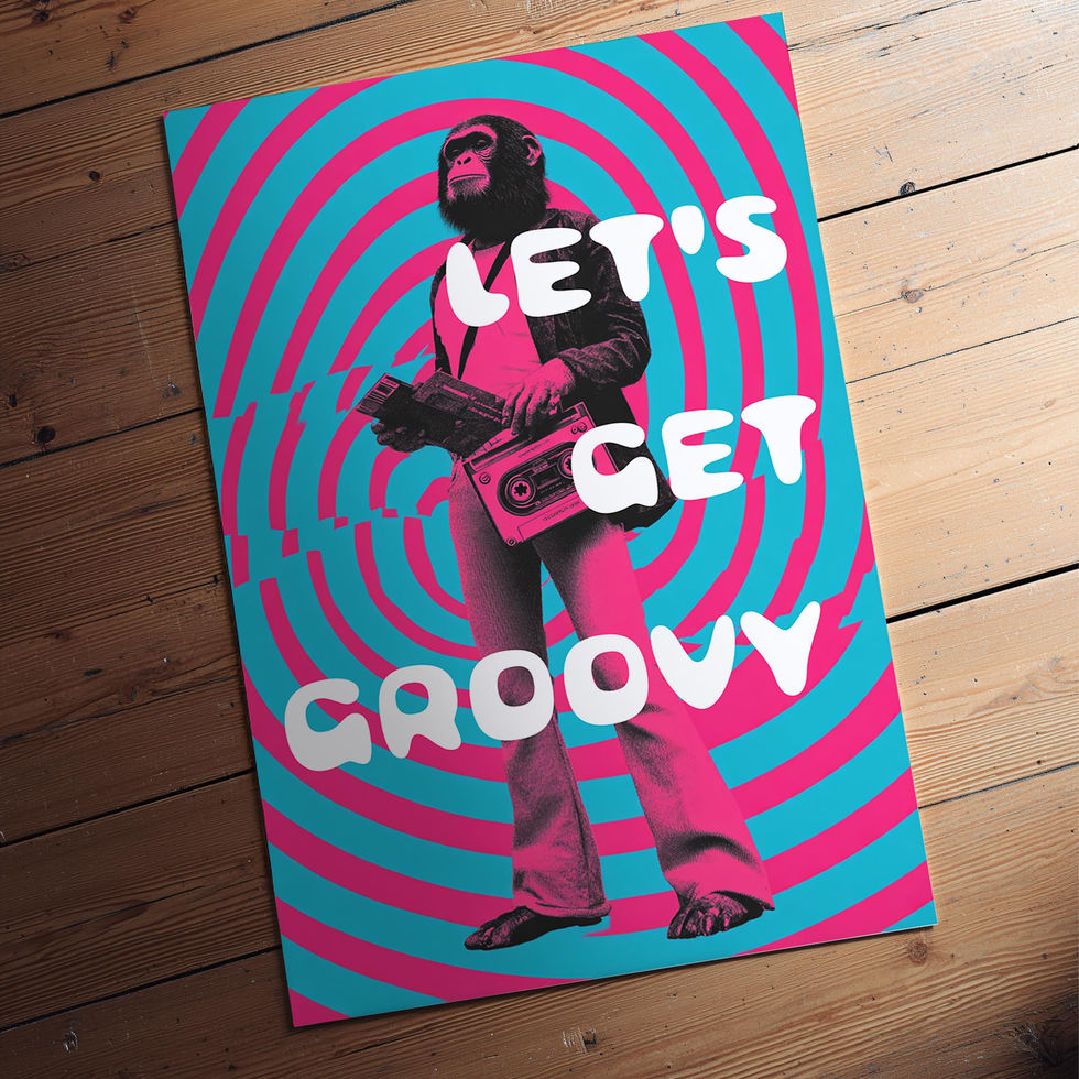Retro pop art print of a chimpanzee holding a boombox with bold neon pink and cyan text background saying "Let’s Get Groovy."