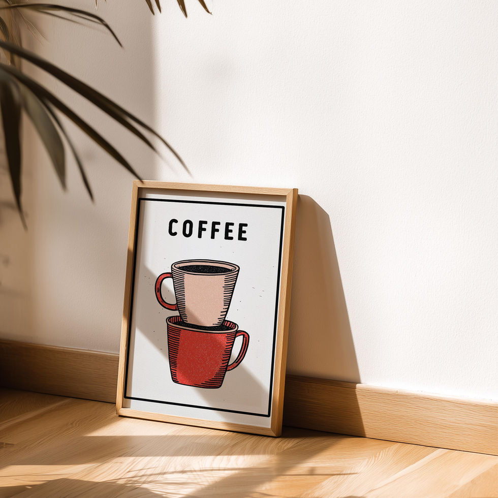 Minimalist art print of two stacked coffee cups with retro textured design and bold lettering.