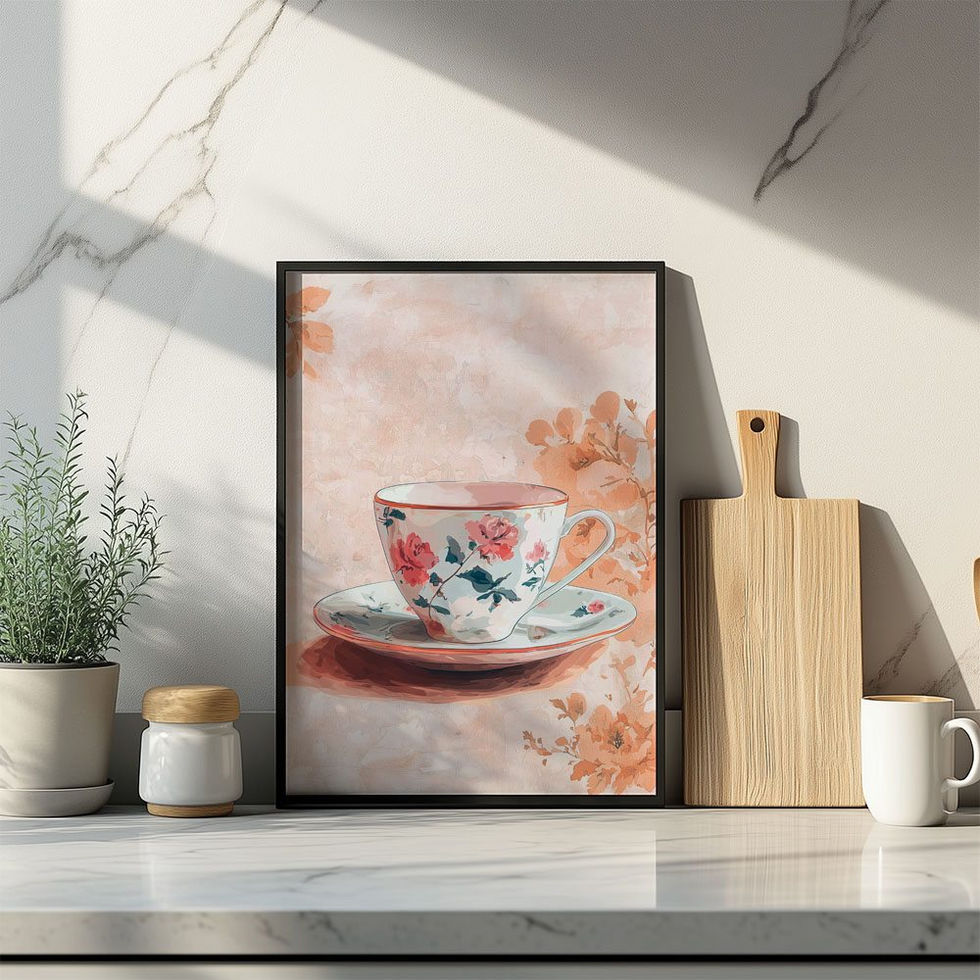 Floral teacup with saucer in soft peach and pink artistic design