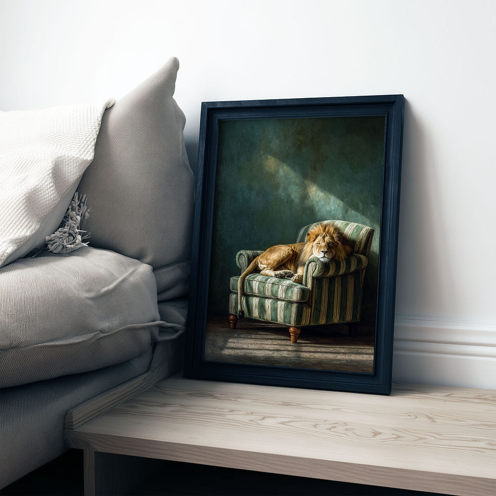 lion resting on vintage armchair classic style painting elegant animal wall art print