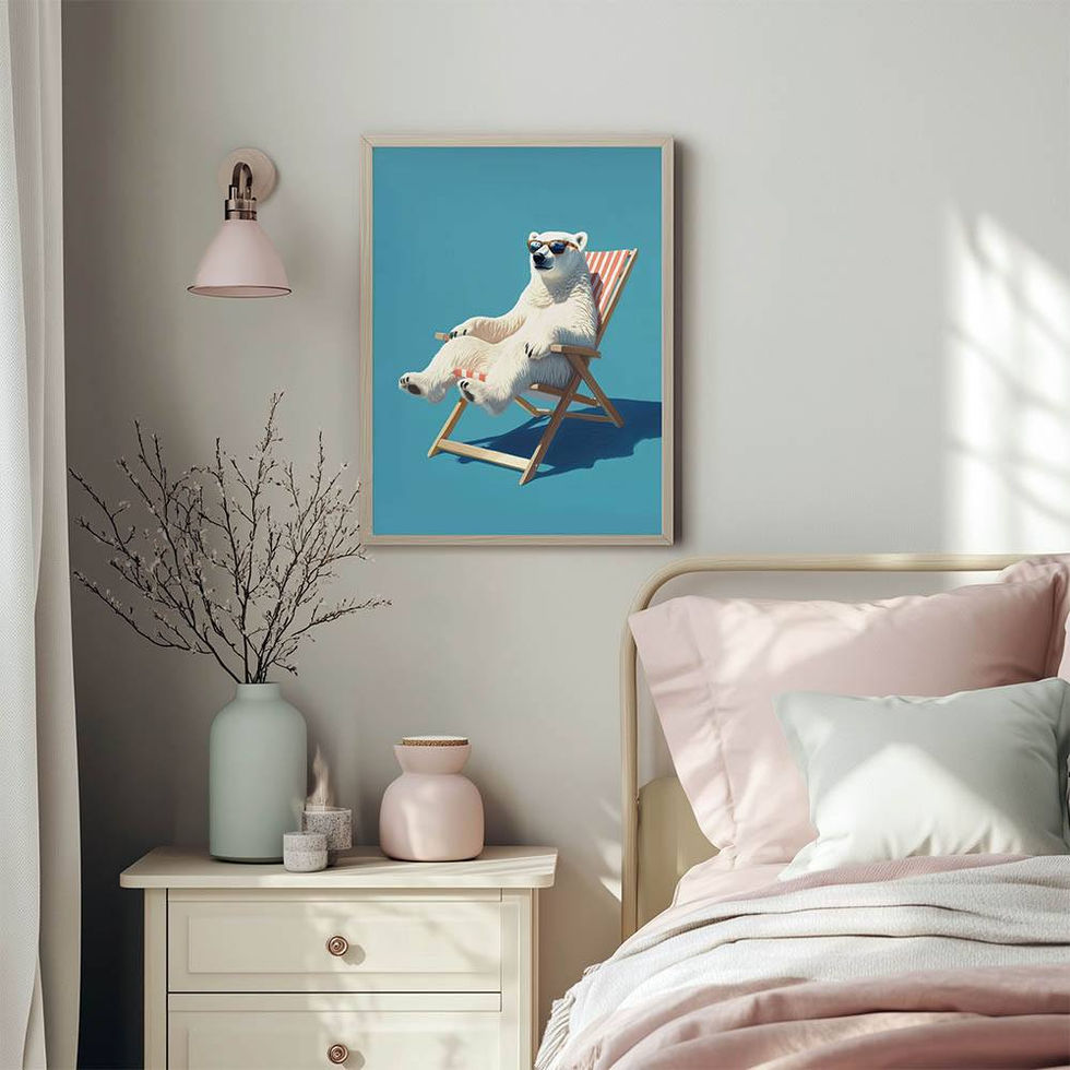 Cartoon-style polar bear reclining in a striped deck chair on a blue background.