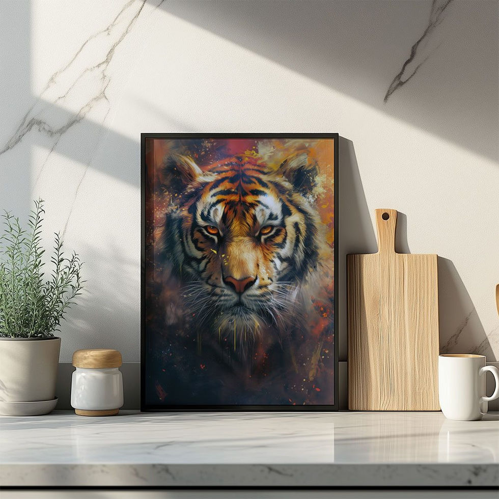 Abstract tiger portrait in bold brushstrokes with fiery hues