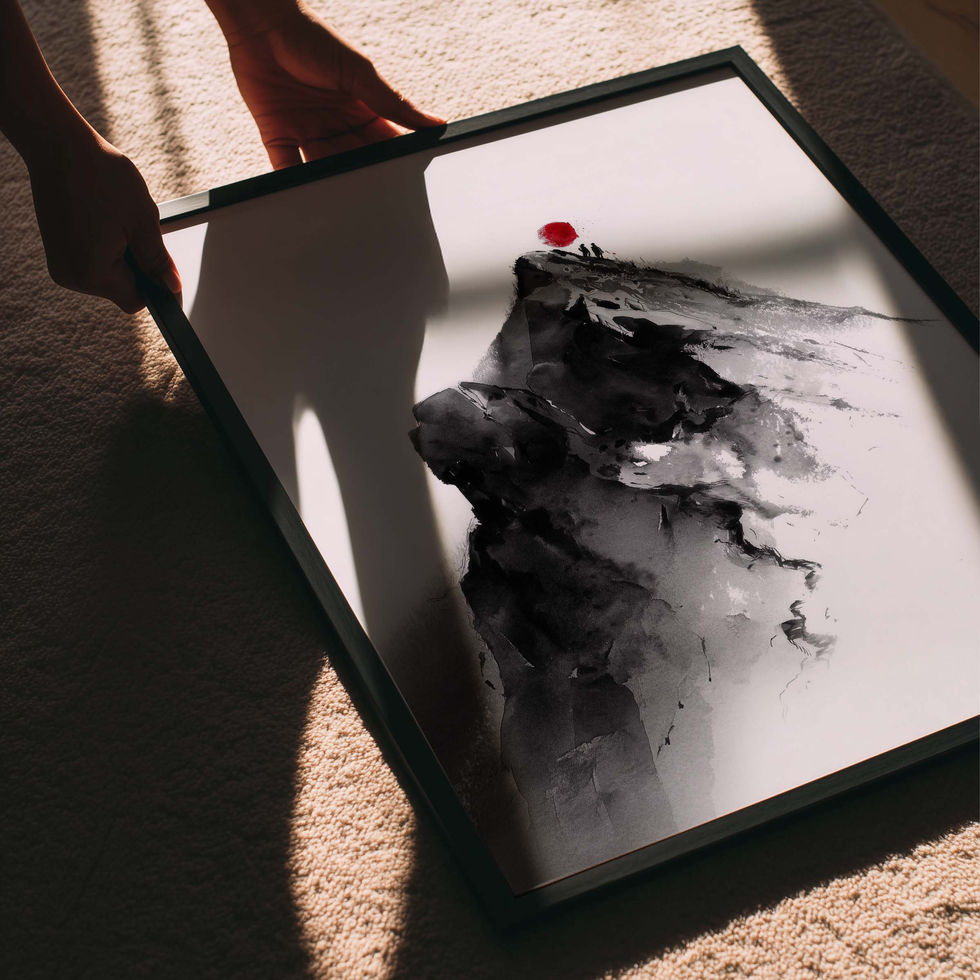 Minimalist mountain artwork with lone figure and red accent, monochrome landscape art print