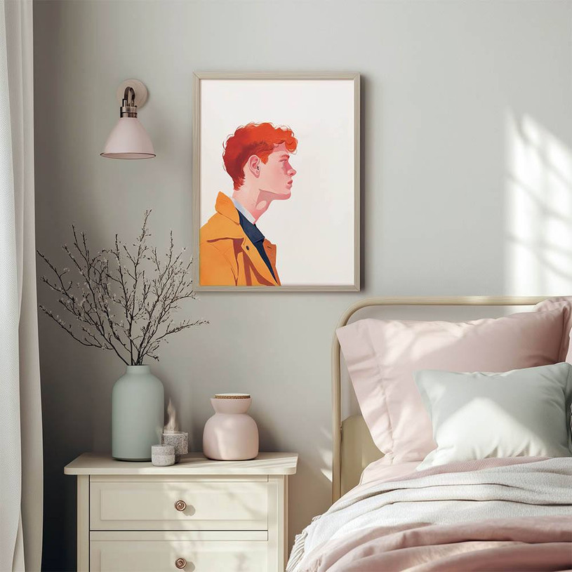 Side profile illustration of a red-haired person in an orange coat on a light background.