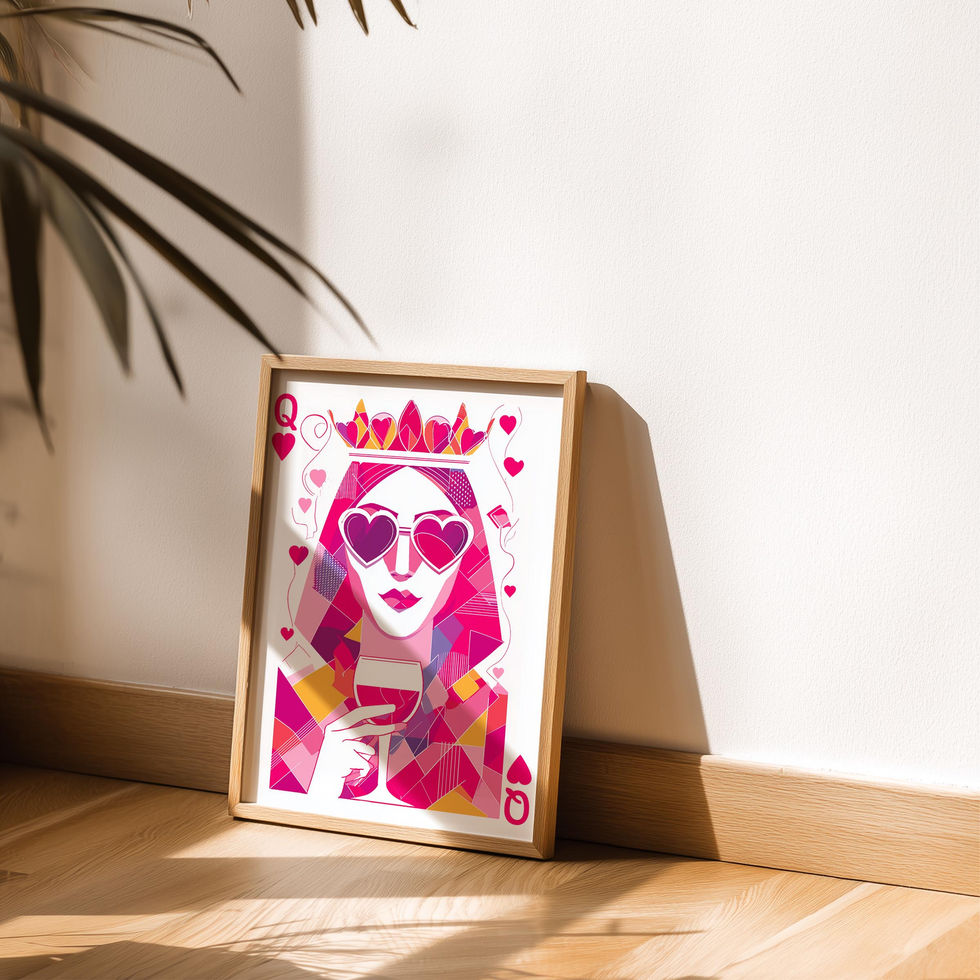 Queen of Hearts art print with geometric pink design, crown, heart sunglasses, and wine glass.
