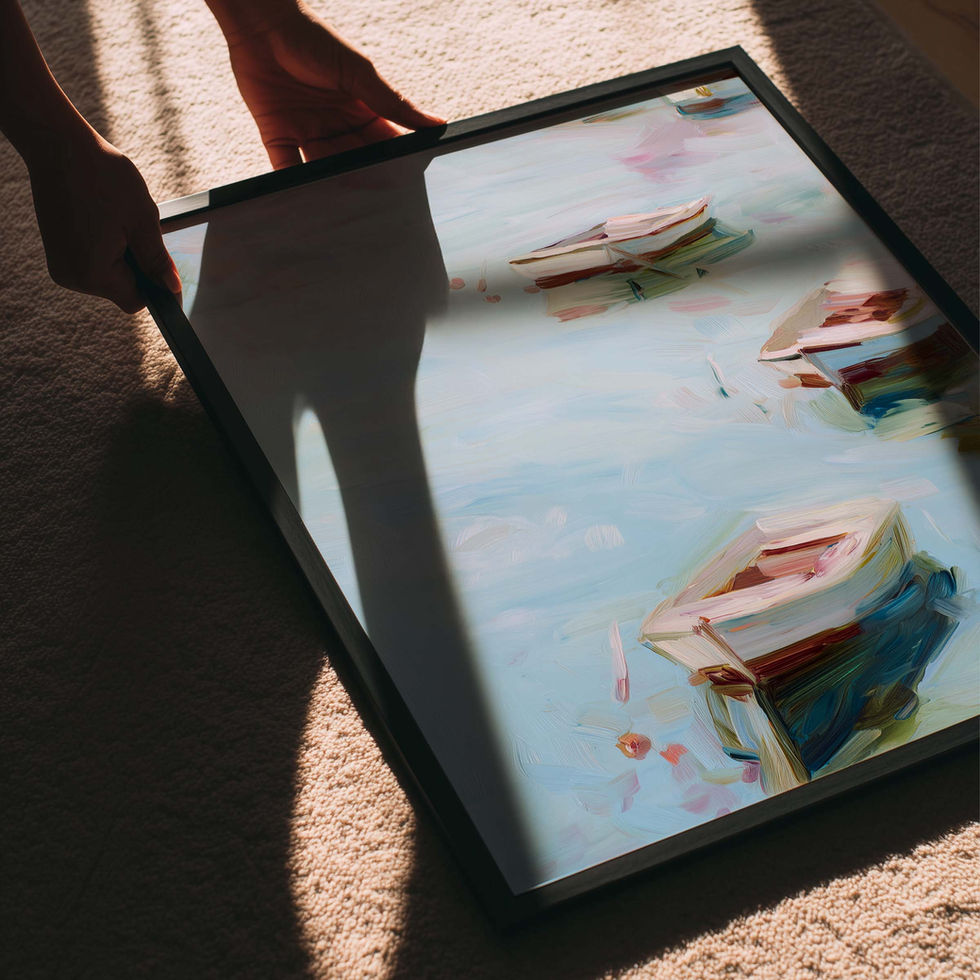 Watercolour art print of three small boats floating on soft blue water.