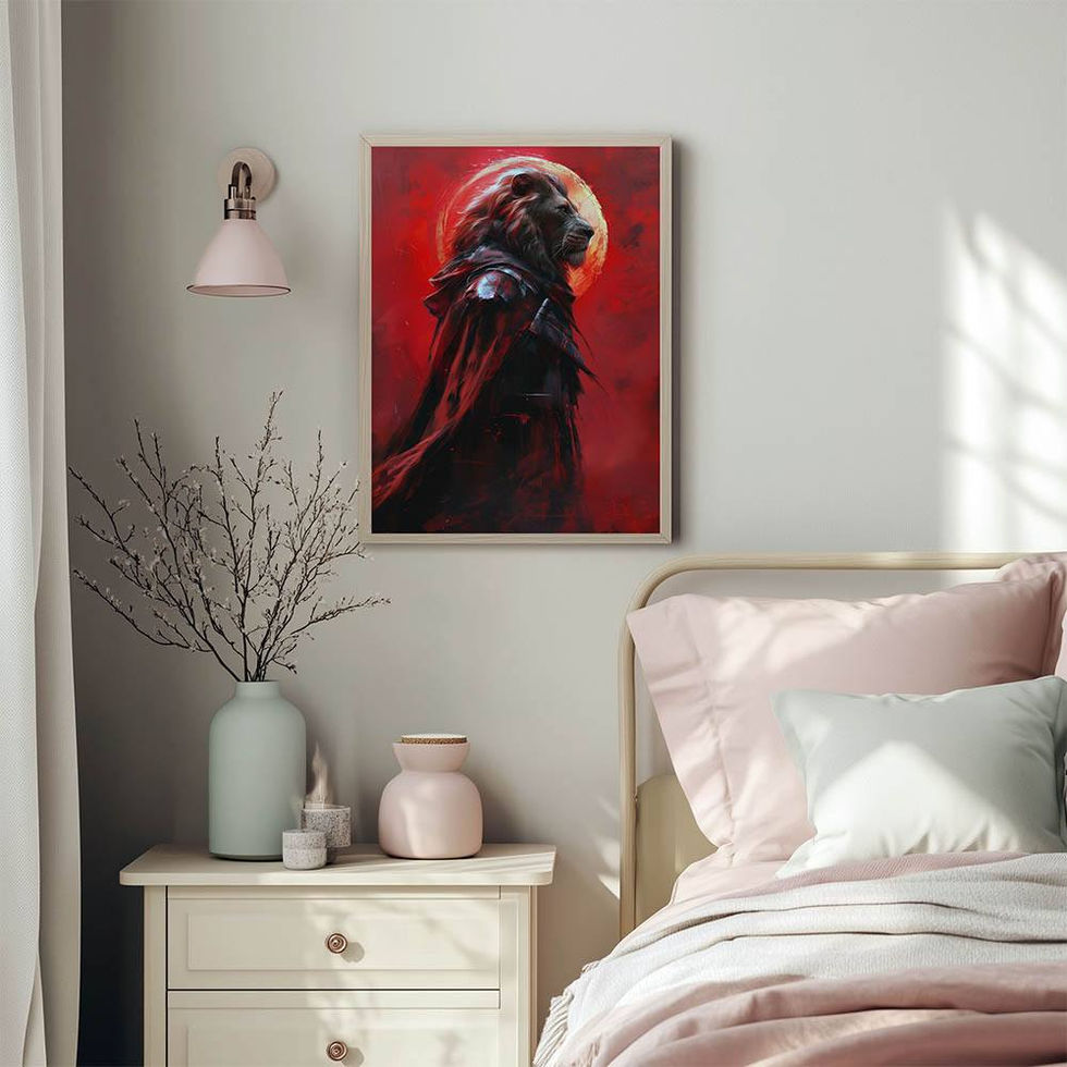 Armored lion standing proudly in a red cloak with a glowing red moon behind, fantasy warrior artwork