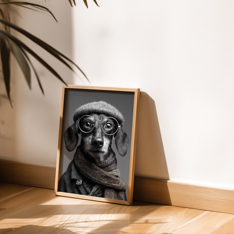 Black and white portrait art print of a dachshund wearing glasses, a hat and scarf.