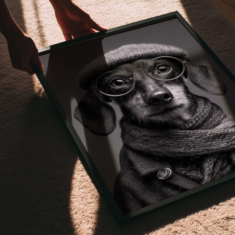 Black and white portrait art print of a dachshund wearing glasses, a hat and scarf.