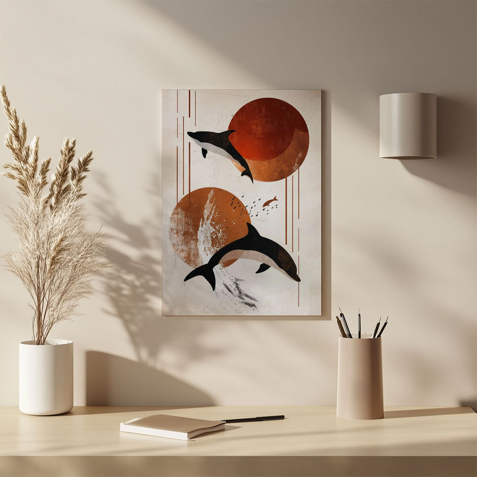 Dreamy marine abstract featuring orcas and celestial shapes — modern, moody, and symbolic.