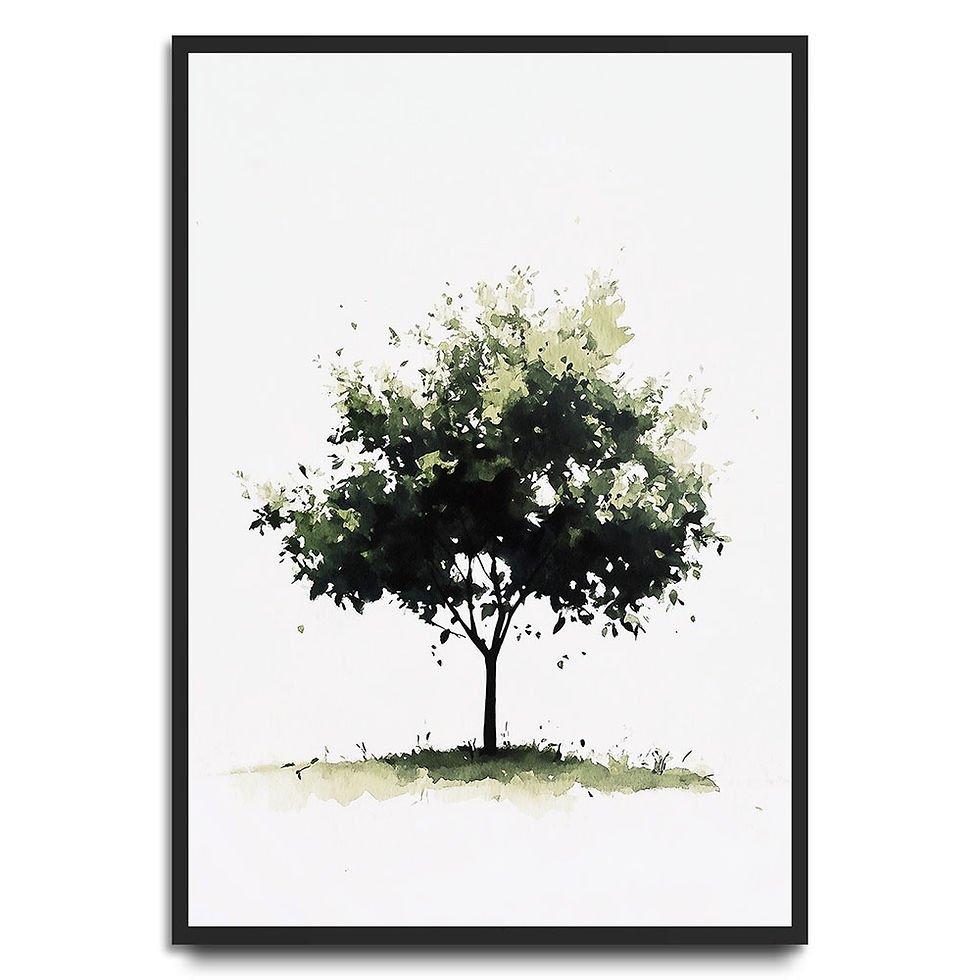 Watercolour painting of a single tree with lush green leaves on a white background