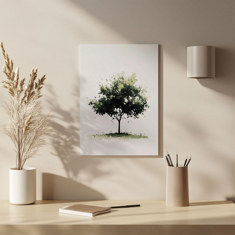 Watercolour painting of a single tree with lush green leaves on a white background