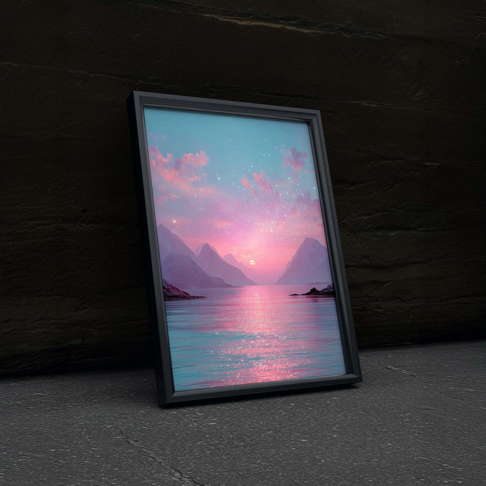 Pastel sunset landscape art print featuring pink and purple sky over calm water.