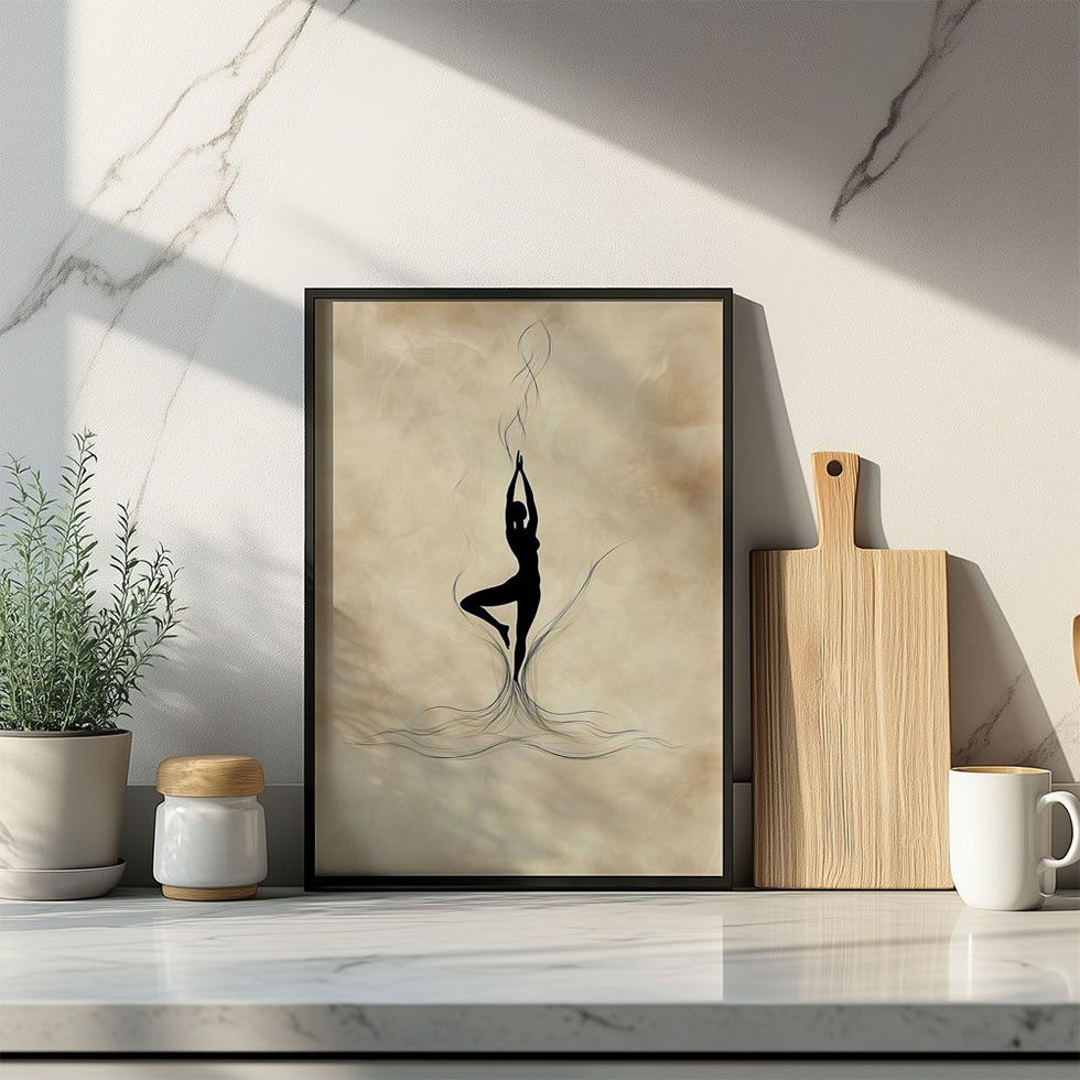 Tranquil yoga-inspired artwork with a grounded figure and earthy tones — perfect for wellness spaces.
